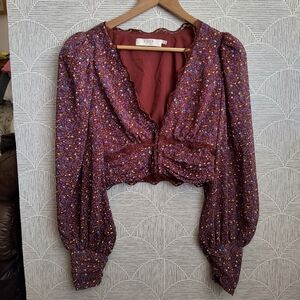 ASTR the Label Zanna Floral Lace Trim V-Neck Blouse Size M